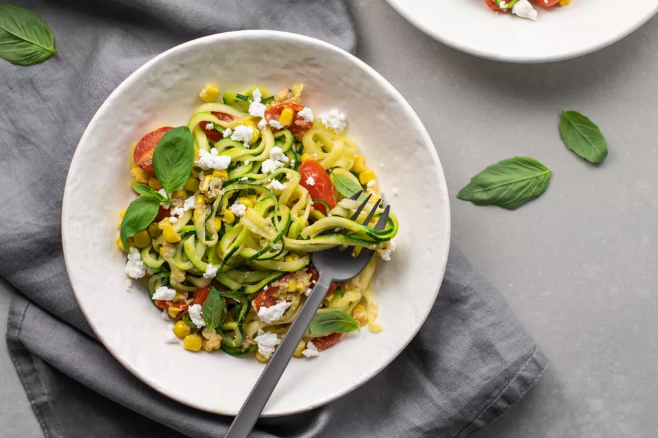 Tomato, Corn, and Goat Cheese Spiralized Zucchini Pasta